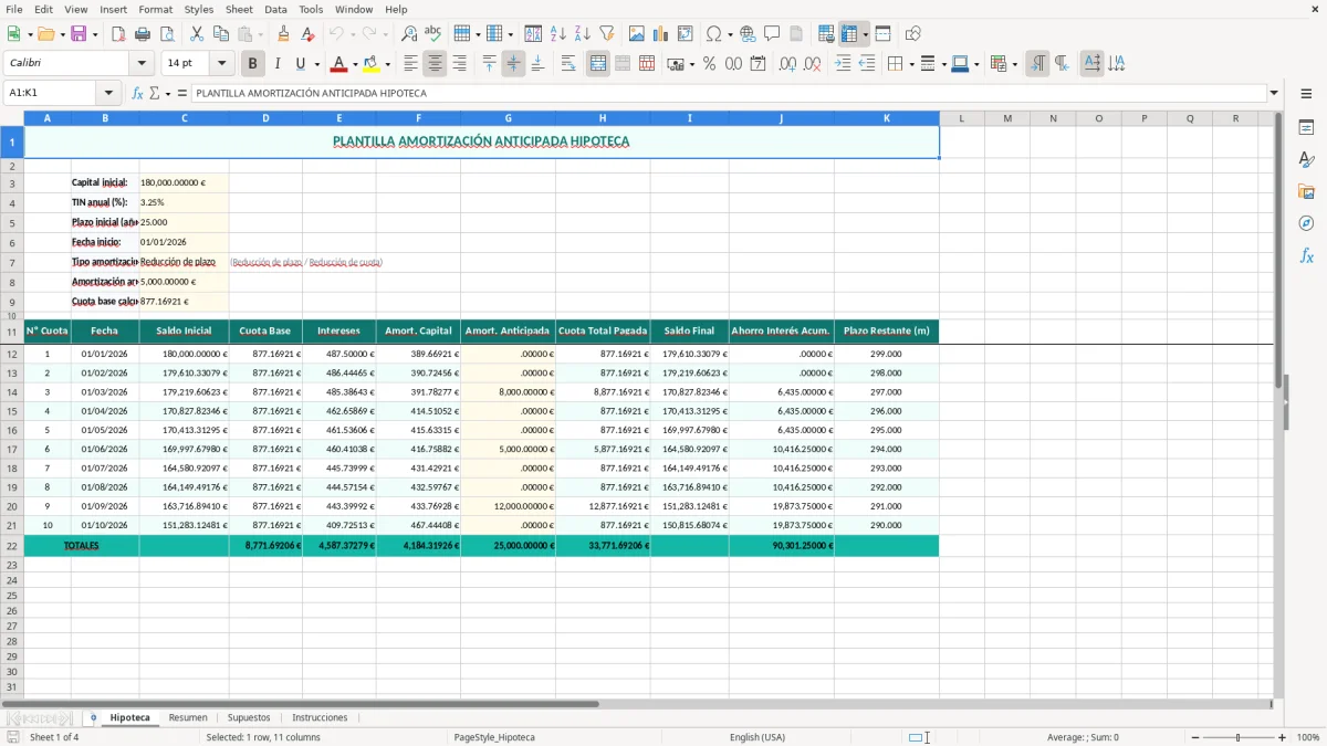 Captura 1: hoja Hipoteca - Plantilla Excel plantilla amortización anticipada hipoteca excel gratis