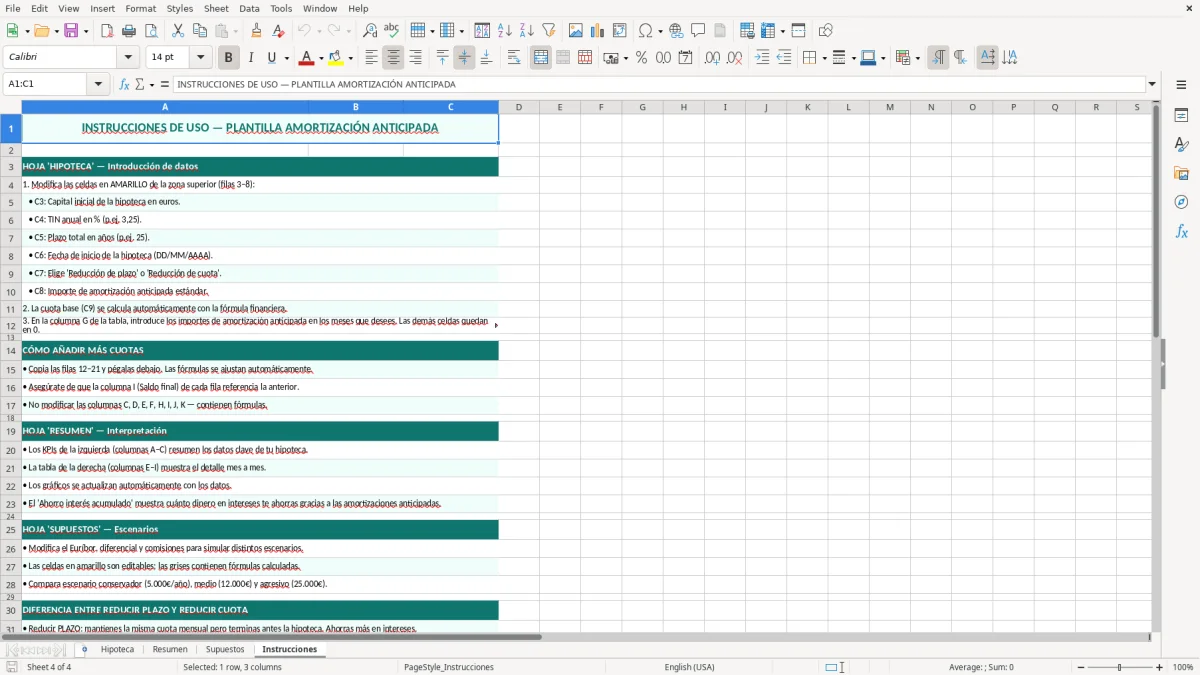 Captura 4: hoja Instrucciones - Plantilla Excel plantilla amortización anticipada hipoteca excel gratis