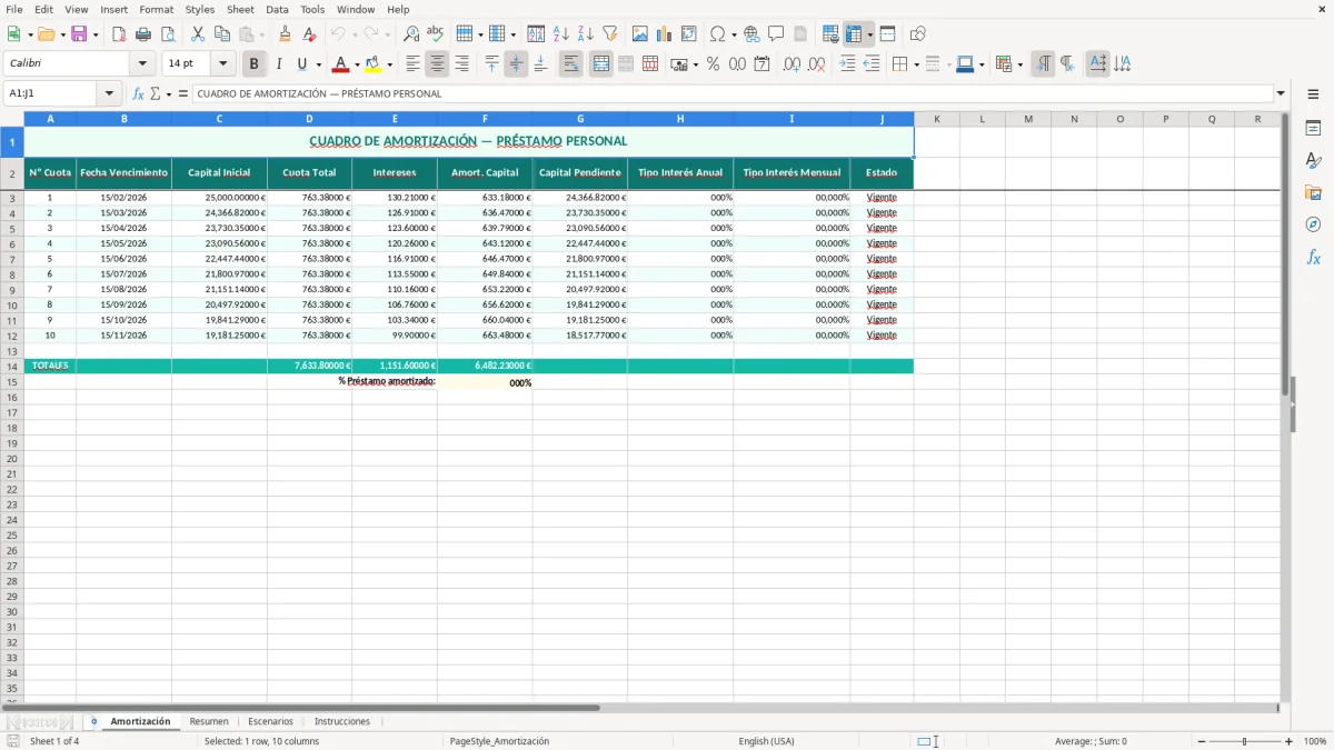 Captura 1: hoja Amortización - Plantilla Excel plantilla amortización préstamo excel gratis