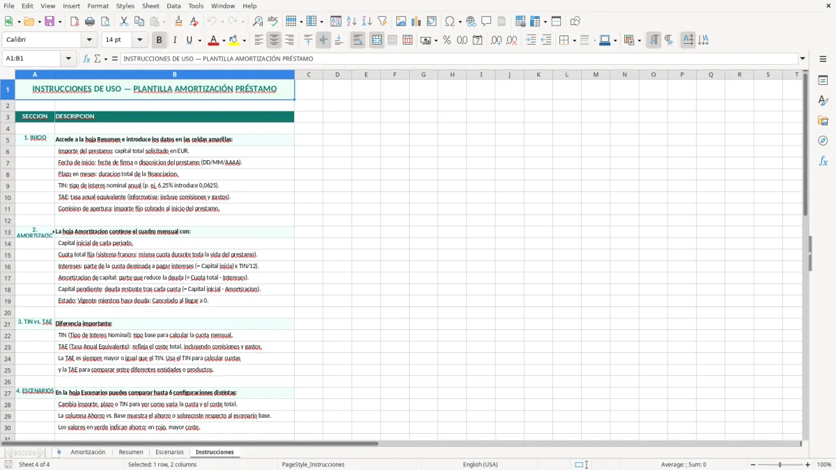 Captura 4: hoja Instrucciones - Plantilla Excel plantilla amortización préstamo excel gratis