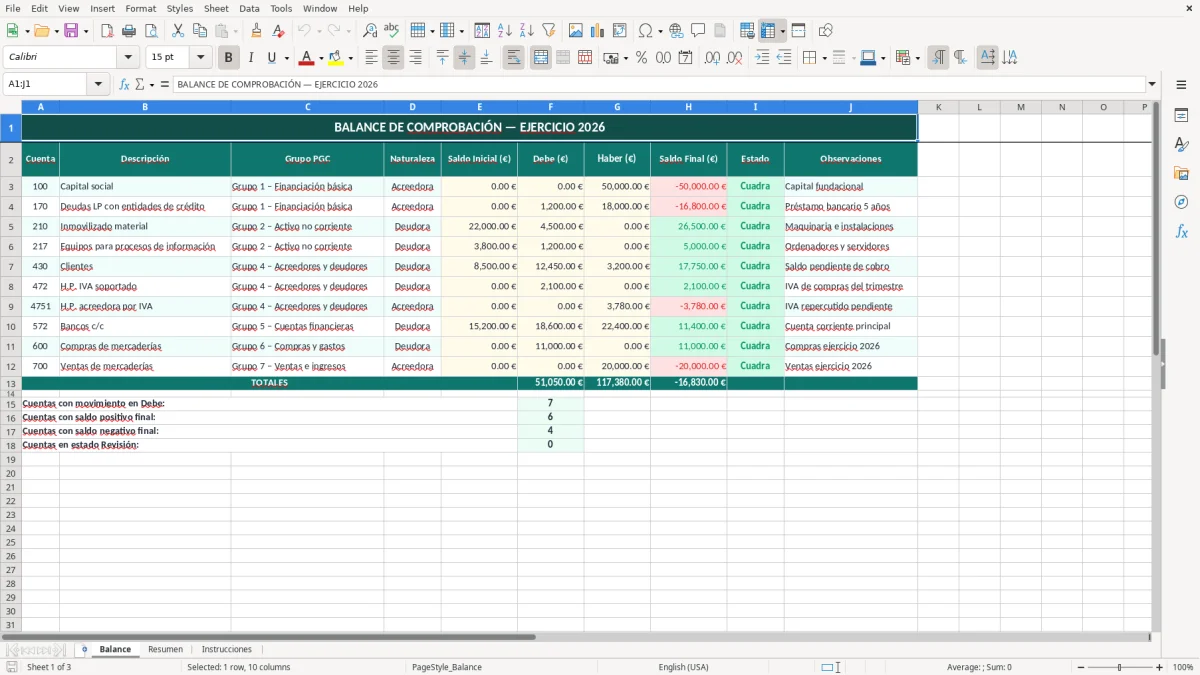 Captura 1: hoja Balance - Plantilla Excel plantilla balance de comprobación excel gratis