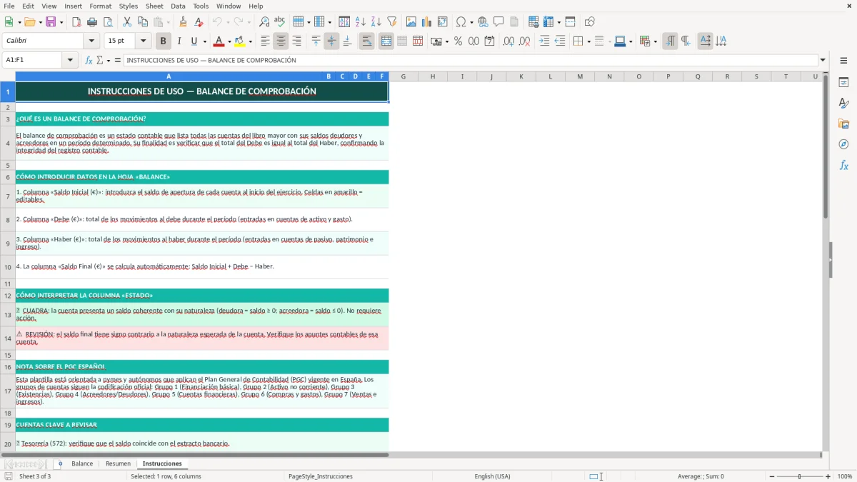 Captura 3: hoja Instrucciones - Plantilla Excel plantilla balance de comprobación excel gratis