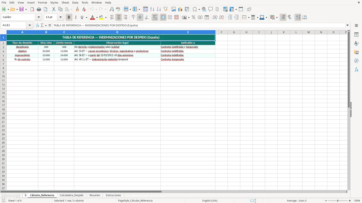 Captura 1: hoja Cálculos_Referencia - Plantilla Excel plantilla calculadora despido excel gratis