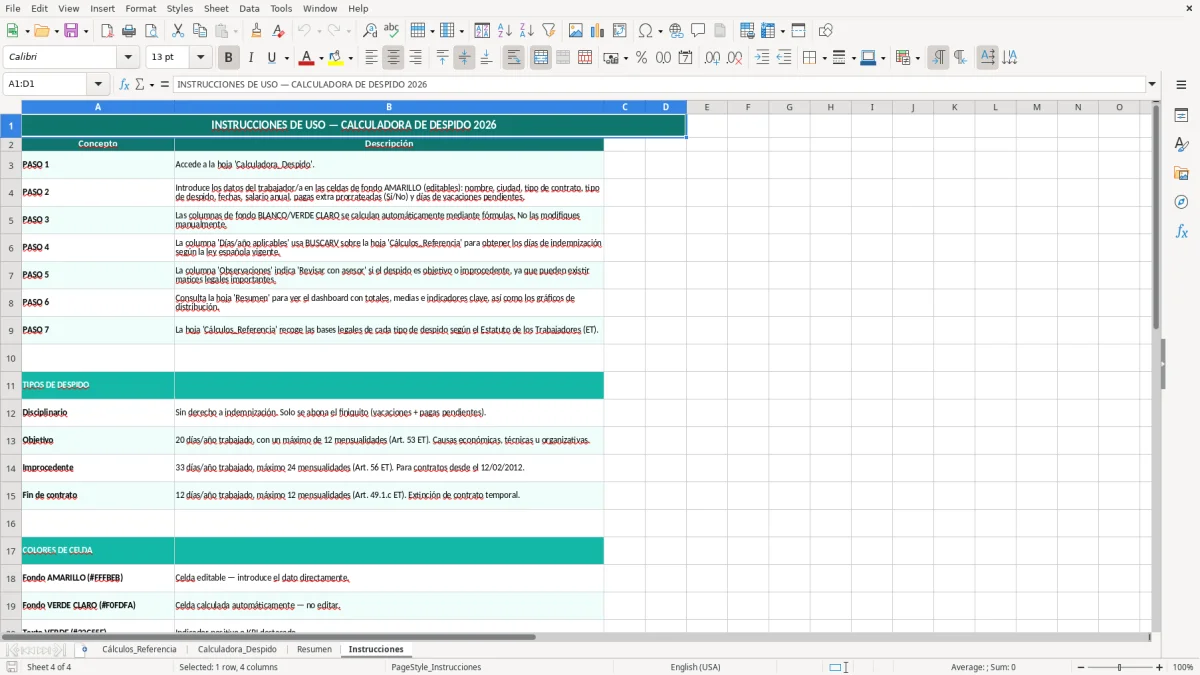 Captura 4: hoja Instrucciones - Plantilla Excel plantilla calculadora despido excel gratis