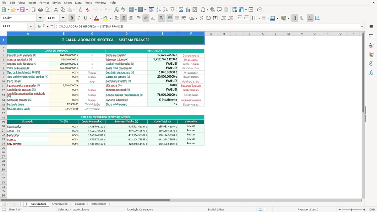 Captura 1: hoja Calculadora - Plantilla Excel plantilla calculadora hipoteca excel gratis