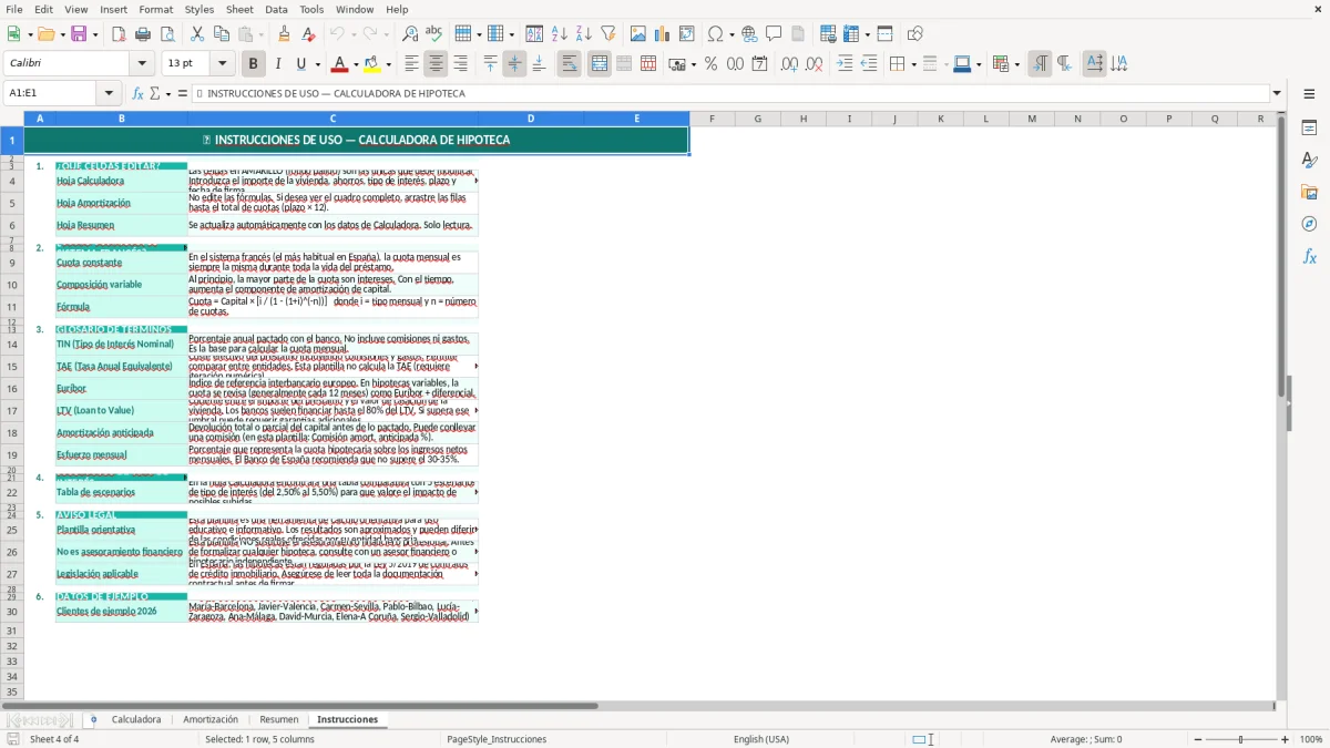 Captura 4: hoja Instrucciones - Plantilla Excel plantilla calculadora hipoteca excel gratis