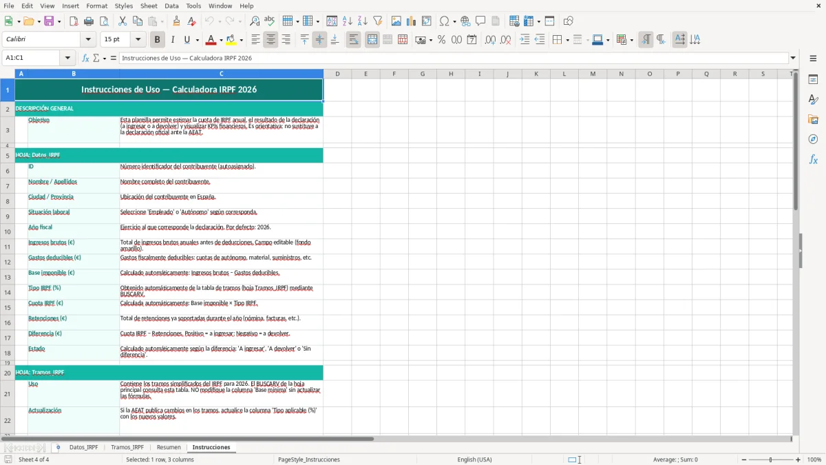 Captura 4: hoja Instrucciones - Plantilla Excel plantilla calculadora irpf excel gratis