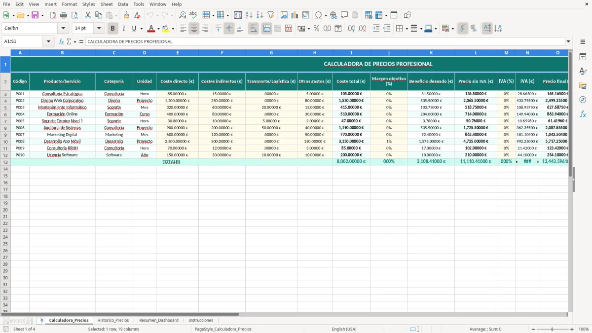 Captura 1: hoja Calculadora_Precios - Plantilla Excel plantilla calculadora precios excel gratis
