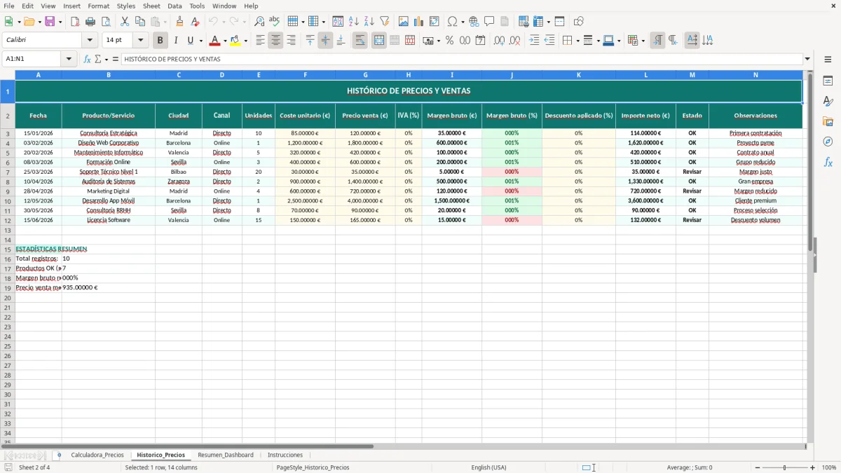 Captura 2: hoja Historico_Precios - Plantilla Excel plantilla calculadora precios excel gratis