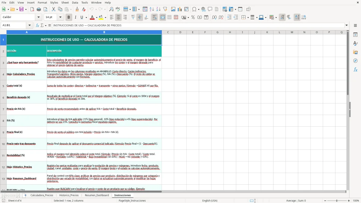 Captura 4: hoja Instrucciones - Plantilla Excel plantilla calculadora precios excel gratis