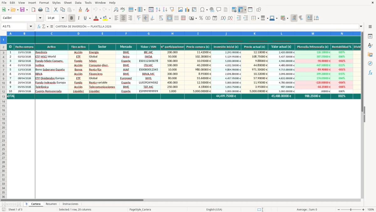 Captura 1: hoja Cartera - Plantilla Excel plantilla cartera inversión excel gratis