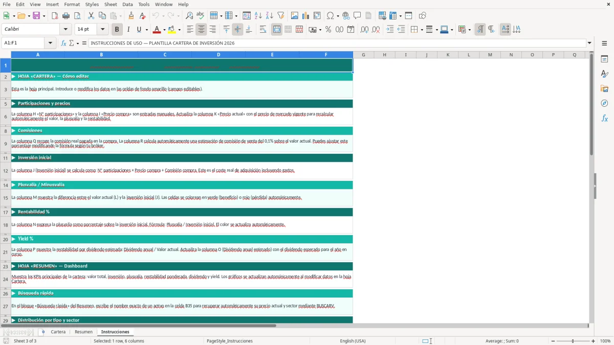 Captura 3: hoja Instrucciones - Plantilla Excel plantilla cartera inversión excel gratis