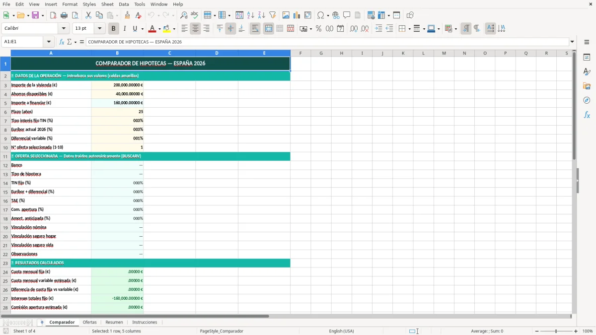 Captura 1: hoja Comparador - Plantilla Excel plantilla comparador hipotecas excel gratis