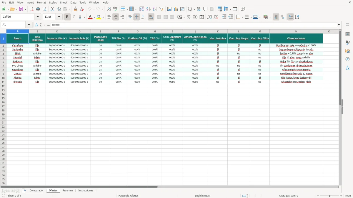 Captura 2: hoja Ofertas - Plantilla Excel plantilla comparador hipotecas excel gratis