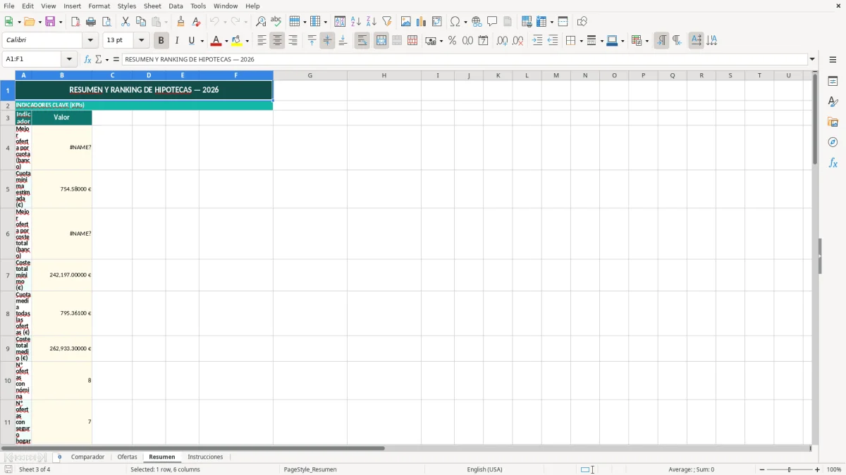 Captura 3: hoja Resumen - Plantilla Excel plantilla comparador hipotecas excel gratis