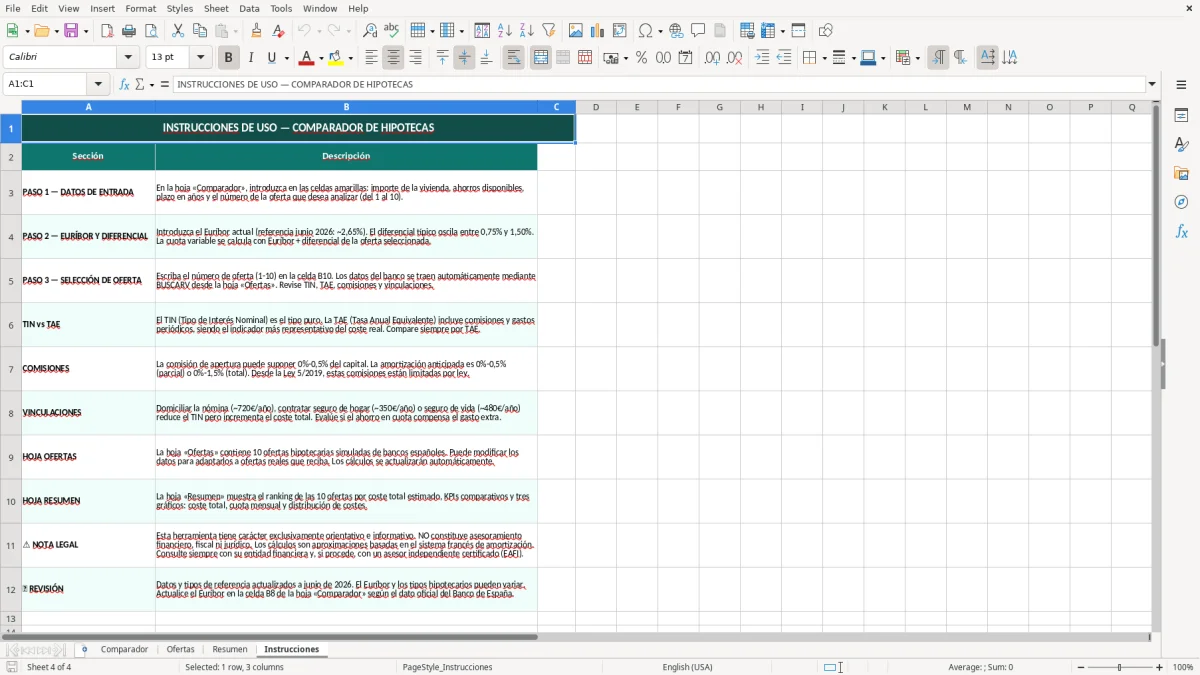 Captura 4: hoja Instrucciones - Plantilla Excel plantilla comparador hipotecas excel gratis