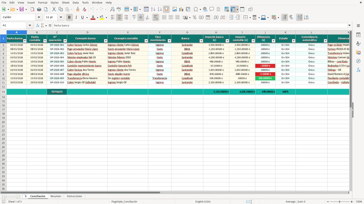 Captura 1: hoja Conciliación - Plantilla Excel plantilla conciliación bancaria excel gratis