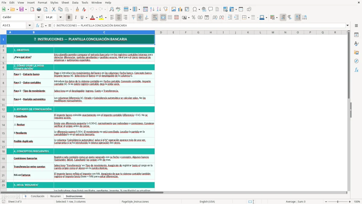 Captura 3: hoja Instrucciones - Plantilla Excel plantilla conciliación bancaria excel gratis
