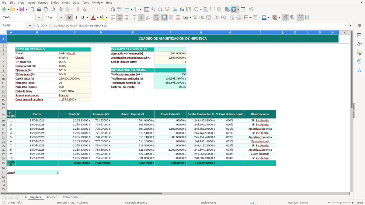 Captura 1: hoja Hipoteca - Plantilla Excel plantilla cuadro amortización hipoteca excel gratis