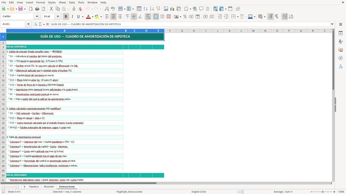 Captura 3: hoja Instrucciones - Plantilla Excel plantilla cuadro amortización hipoteca excel gratis