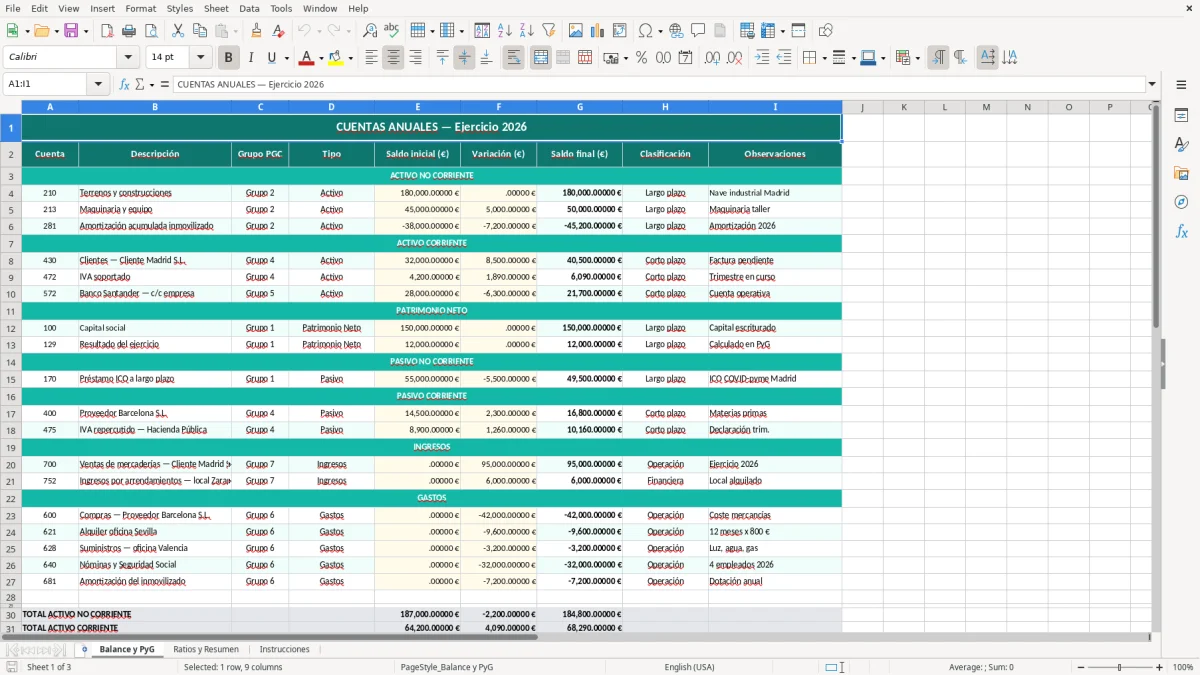Captura 1: hoja Balance y PyG - Plantilla Excel plantilla cuentas anuales excel gratis