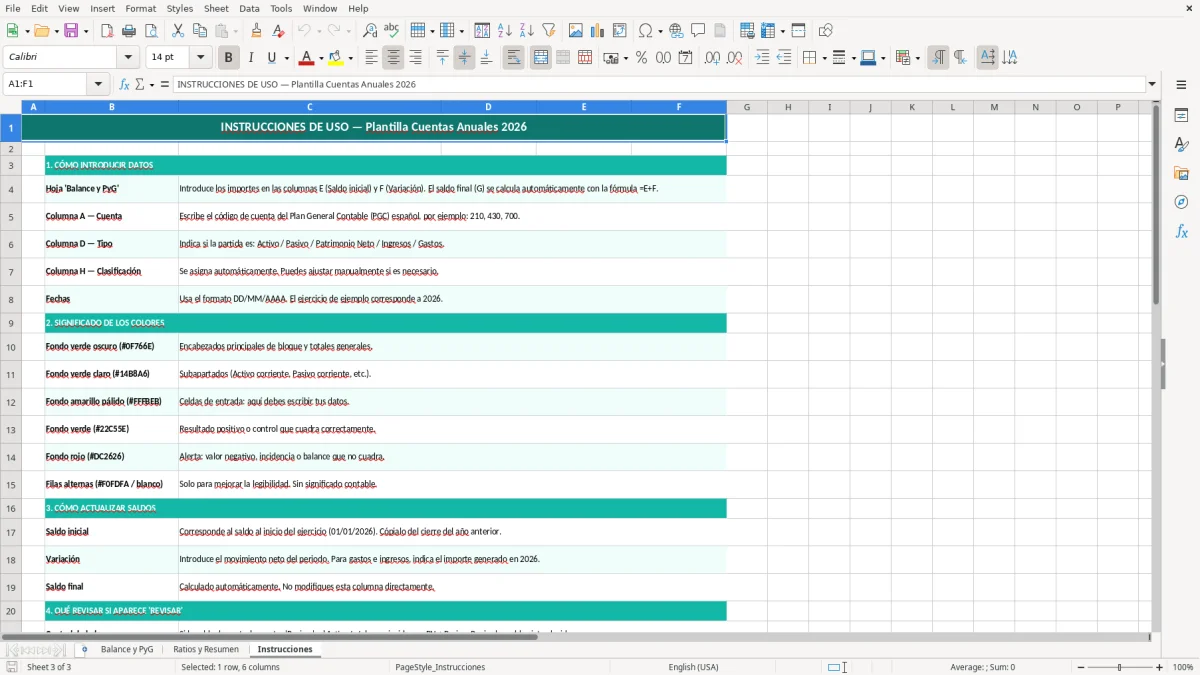 Captura 3: hoja Instrucciones - Plantilla Excel plantilla cuentas anuales excel gratis