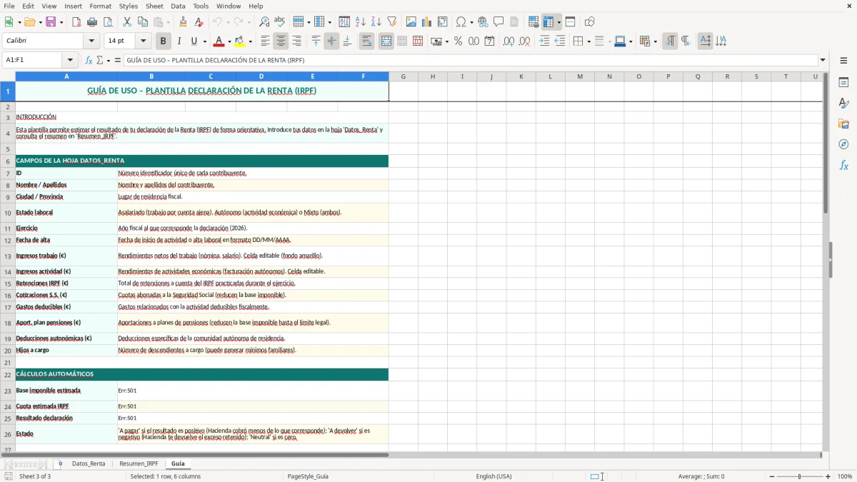 Captura 3: hoja Guía - Plantilla Excel plantilla declaración renta excel gratis