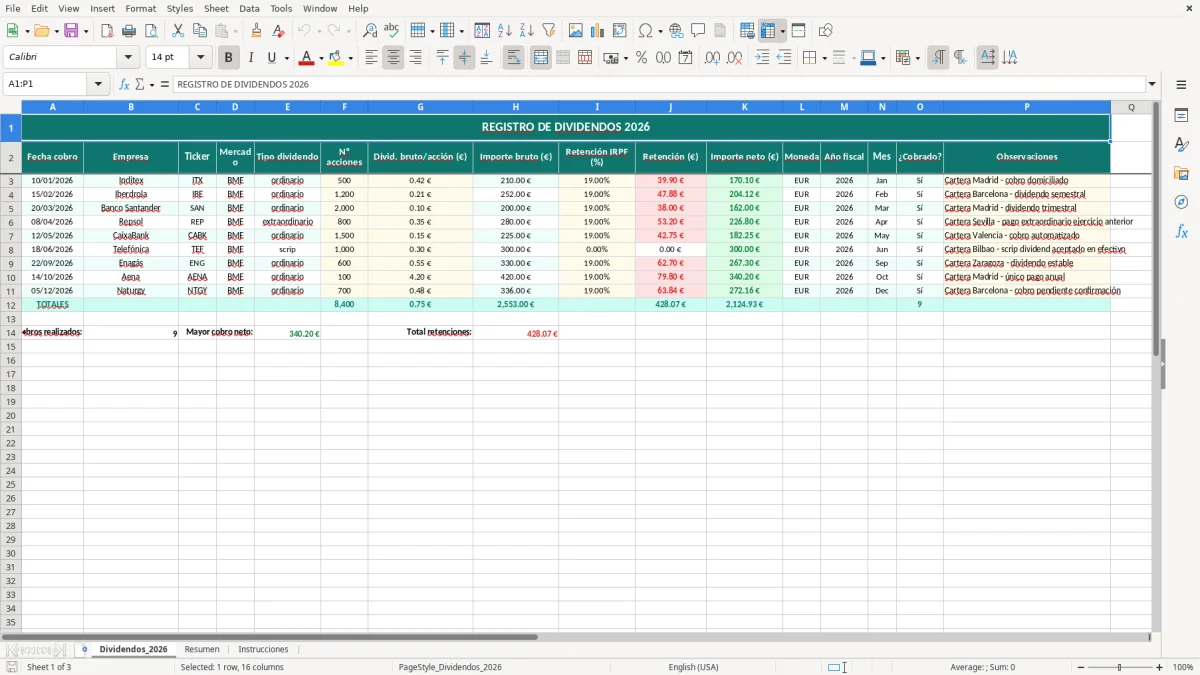 Captura 1: hoja Dividendos_2026 - Plantilla Excel plantilla dividendos excel gratis