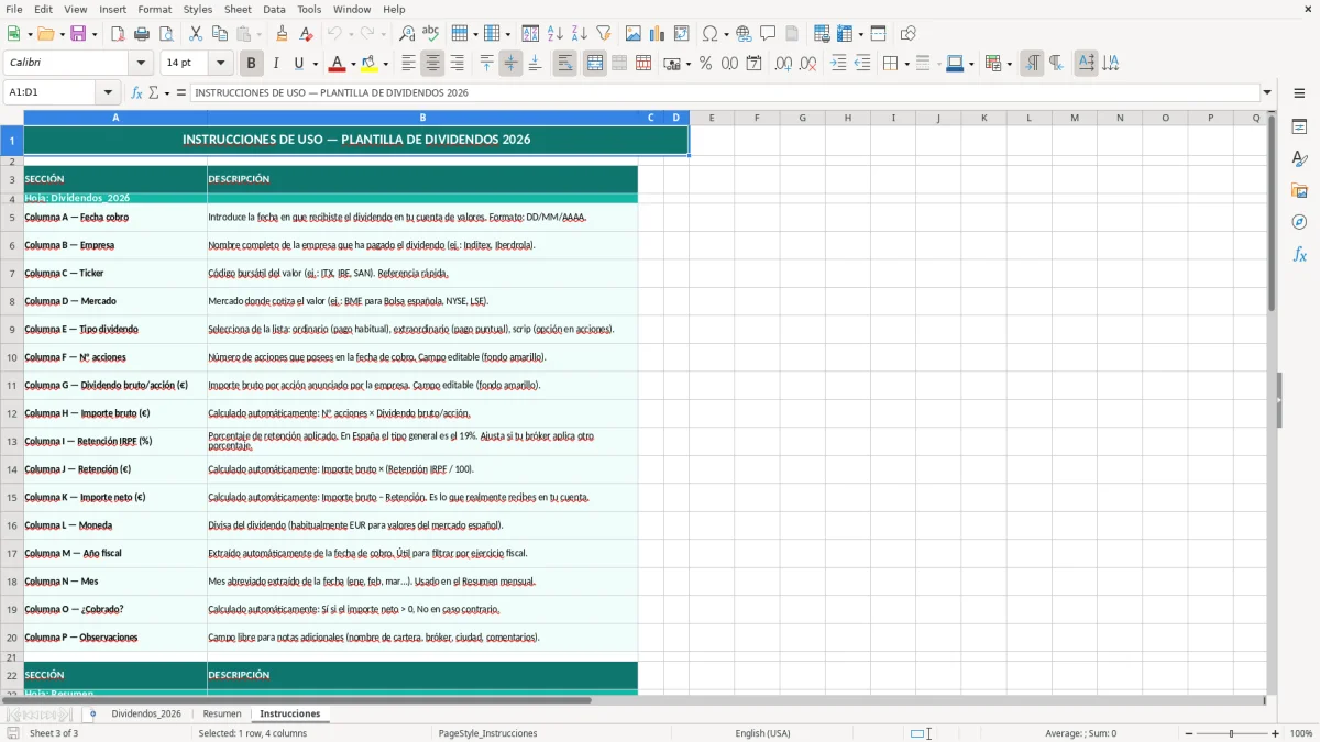 Captura 3: hoja Instrucciones - Plantilla Excel plantilla dividendos excel gratis