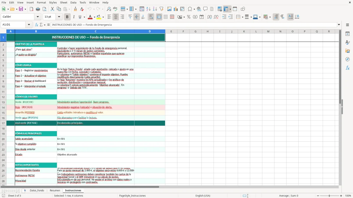 Captura 3: hoja Instrucciones - Plantilla Excel plantilla fondo de emergencia excel gratis