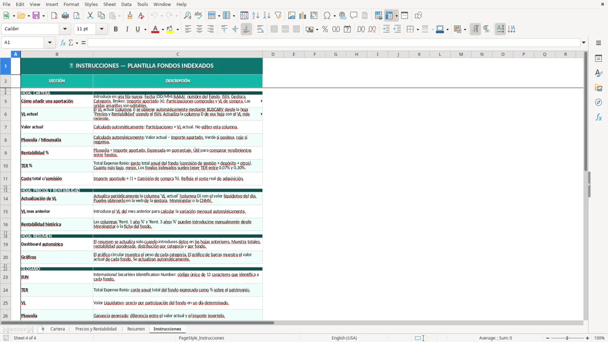 Captura 4: hoja Instrucciones - Plantilla Excel plantilla fondos indexados excel gratis