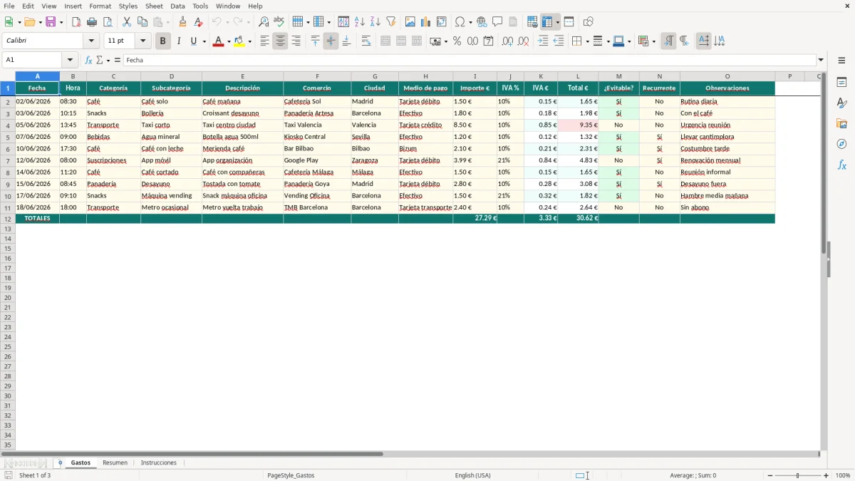 Captura 1: hoja Gastos - Plantilla Excel plantilla gastos hormiga excel gratis