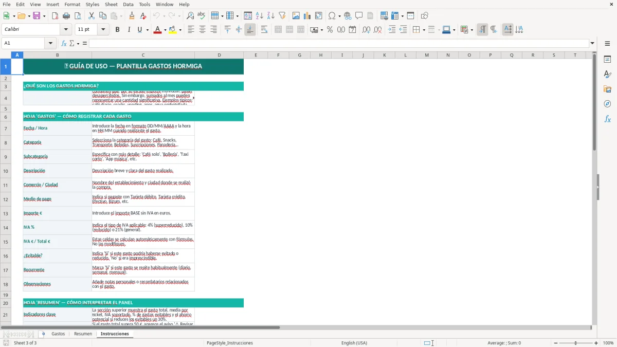 Captura 3: hoja Instrucciones - Plantilla Excel plantilla gastos hormiga excel gratis