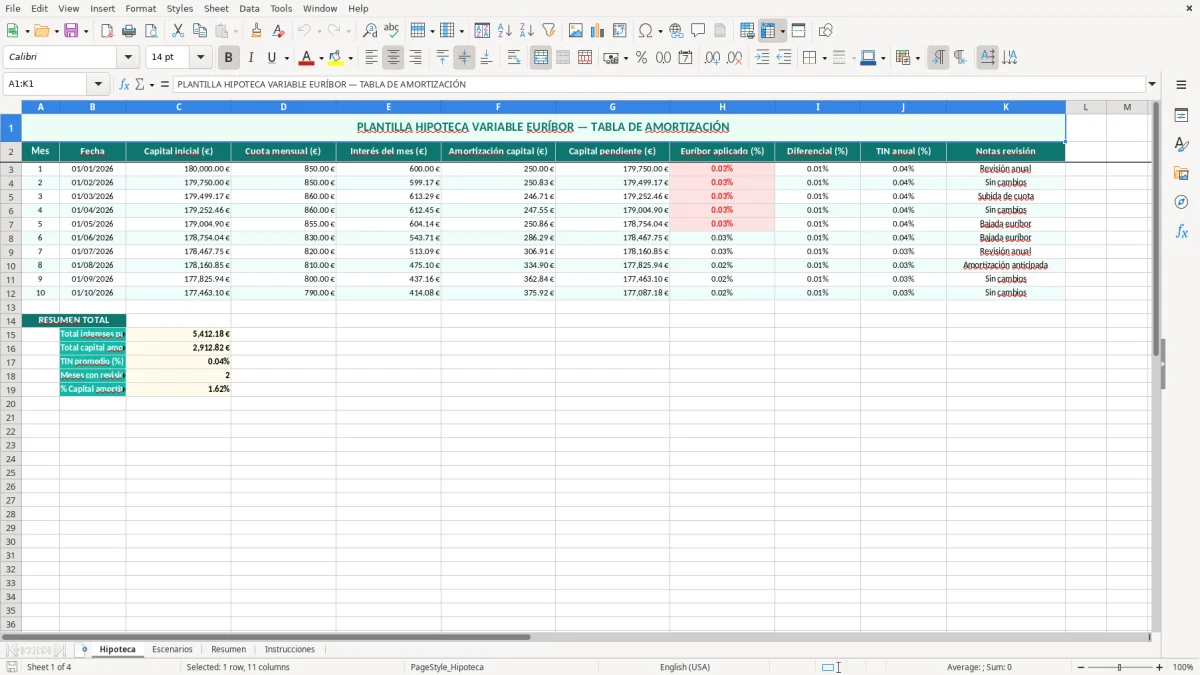 Captura 1: hoja Hipoteca - Plantilla Excel plantilla hipoteca variable euribor excel gratis