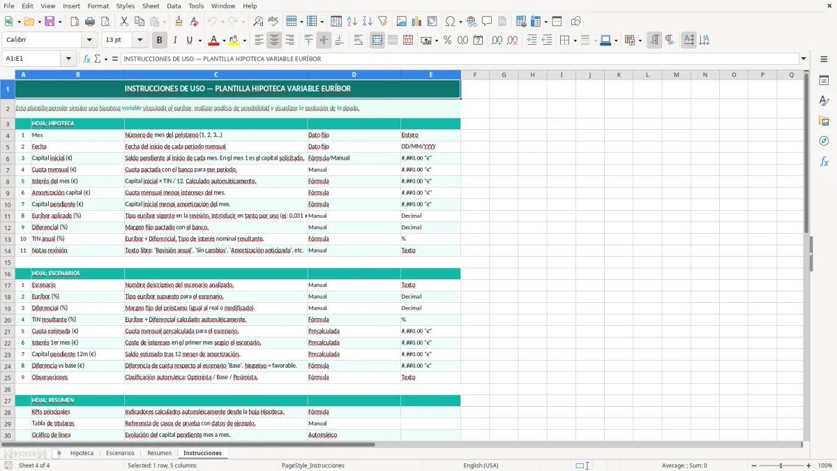 Captura 4: hoja Instrucciones - Plantilla Excel plantilla hipoteca variable euribor excel gratis