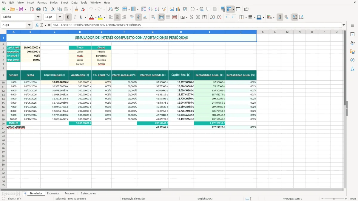Captura 1: hoja Simulador - Plantilla Excel plantilla interés compuesto excel gratis