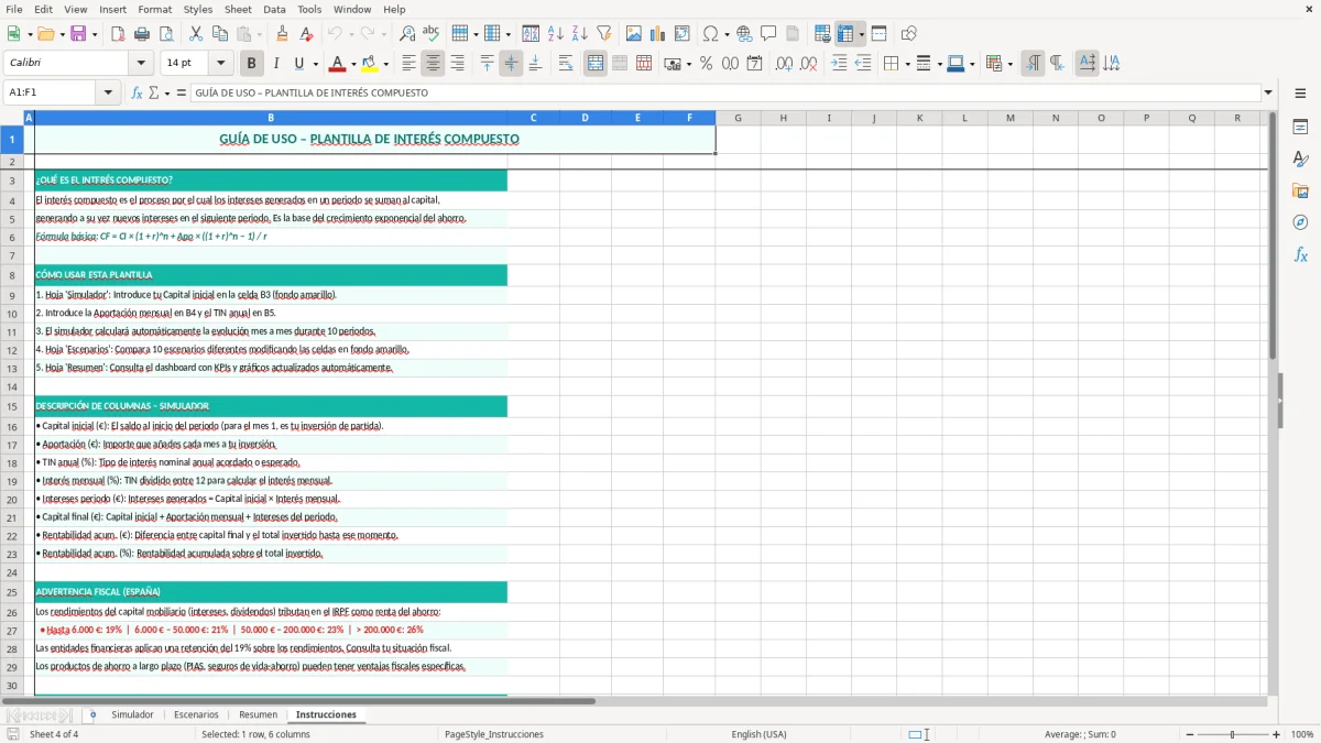 Captura 4: hoja Instrucciones - Plantilla Excel plantilla interés compuesto excel gratis