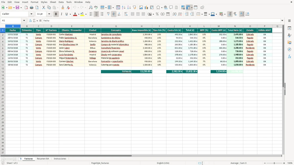 Captura 1: hoja Facturas - Plantilla Excel plantilla iva trimestral excel gratis