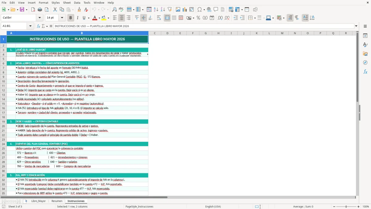 Captura 3: hoja Instrucciones - Plantilla Excel plantilla libro mayor excel gratis
