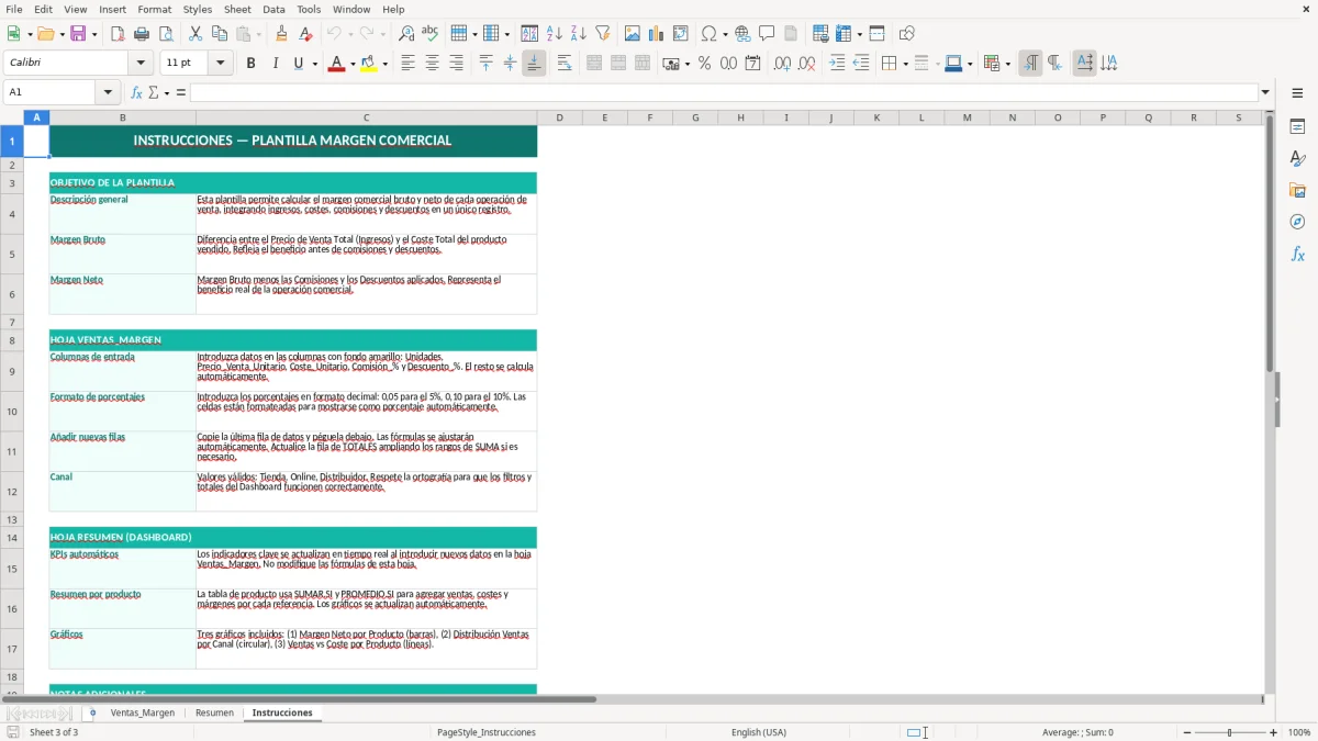 Captura 3: hoja Instrucciones - Plantilla Excel plantilla margen comercial excel gratis
