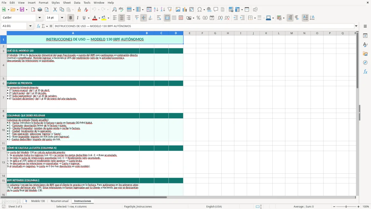 Captura 3: hoja Instrucciones - Plantilla Excel plantilla modelo 130 excel gratis