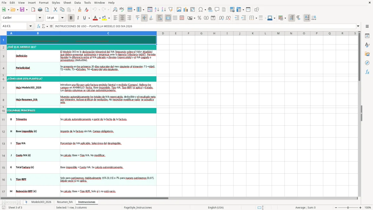 Captura 3: hoja Instrucciones - Plantilla Excel plantilla modelo 303 excel gratis