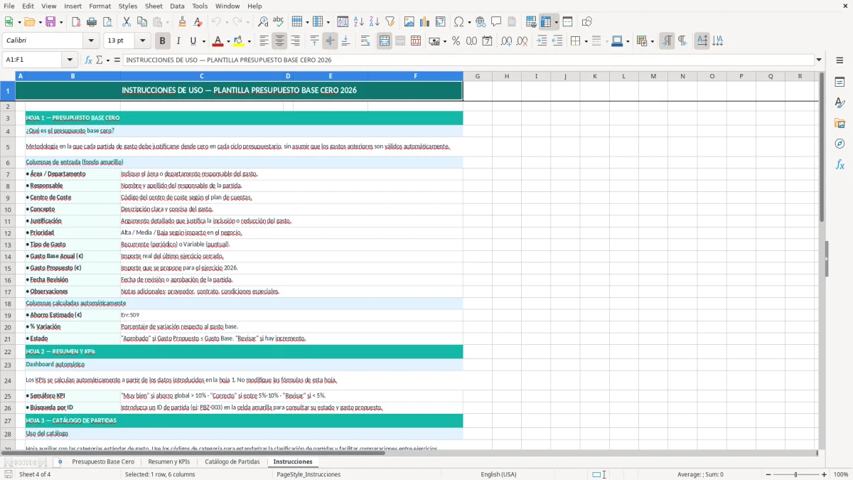 Captura 4: hoja Instrucciones - Plantilla Excel plantilla presupuesto base cero excel gratis