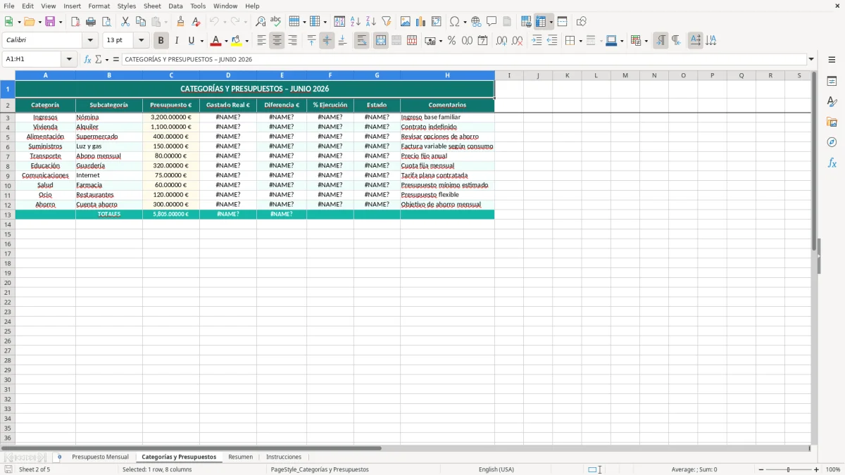 Captura 2: hoja Categorías y Presupuestos - Plantilla Excel plantilla presupuesto familiar excel gratis