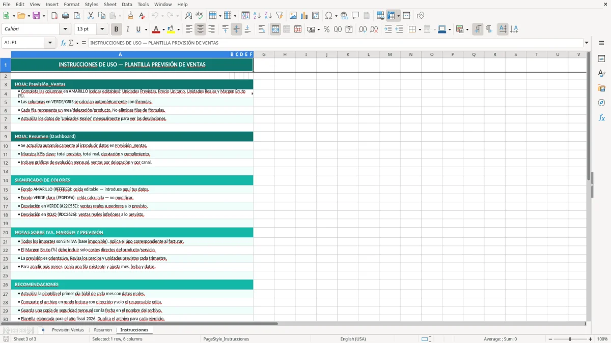 Captura 3: hoja Instrucciones - Plantilla Excel plantilla previsión ventas excel gratis