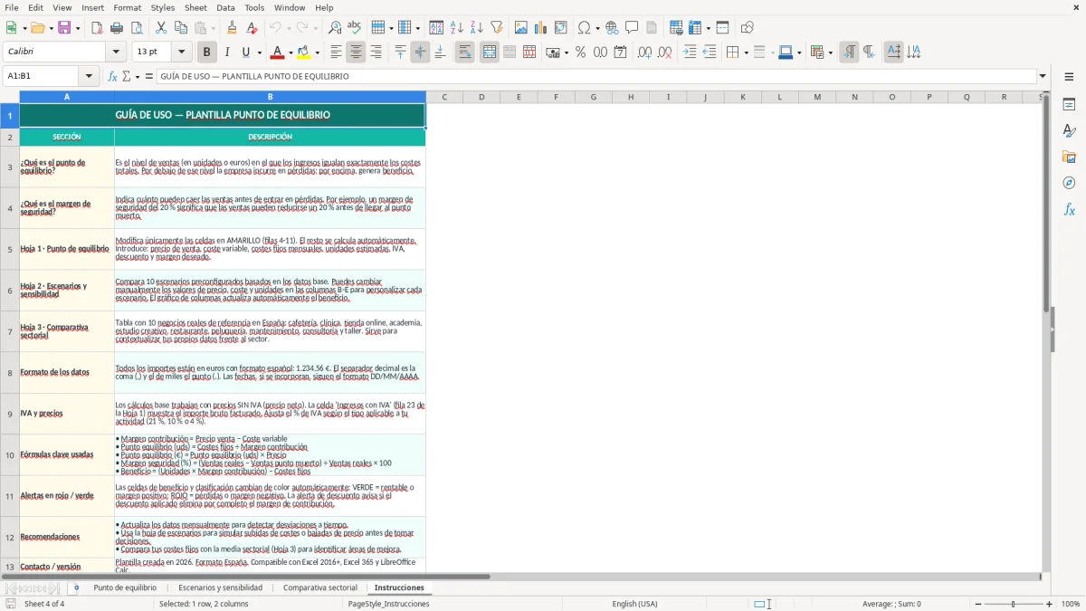 Captura 4: hoja Instrucciones - Plantilla Excel plantilla punto de equilibrio excel gratis