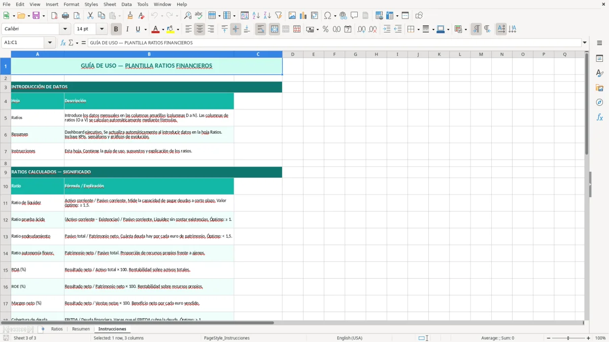 Captura 3: hoja Instrucciones - Plantilla Excel plantilla ratios financieros excel gratis