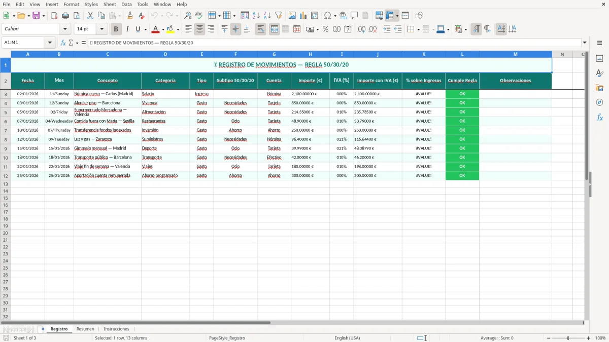 Captura 1: hoja Registro - Plantilla Excel plantilla regla 50 30 20 excel gratis
