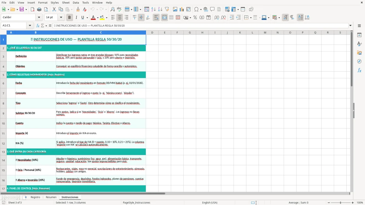 Captura 3: hoja Instrucciones - Plantilla Excel plantilla regla 50 30 20 excel gratis