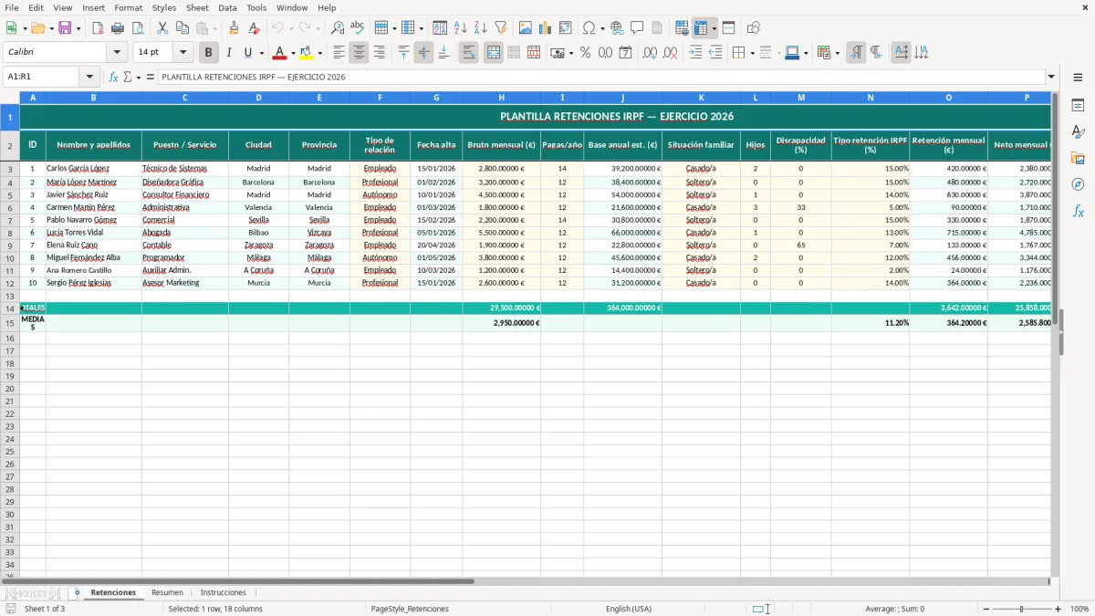 Captura 1: hoja Retenciones - Plantilla Excel plantilla retenciones irpf excel gratis